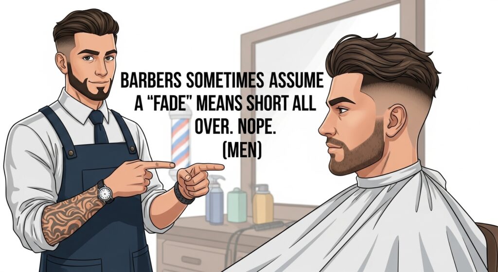 Barber working on a blowout low taper fade haircut on curly hair