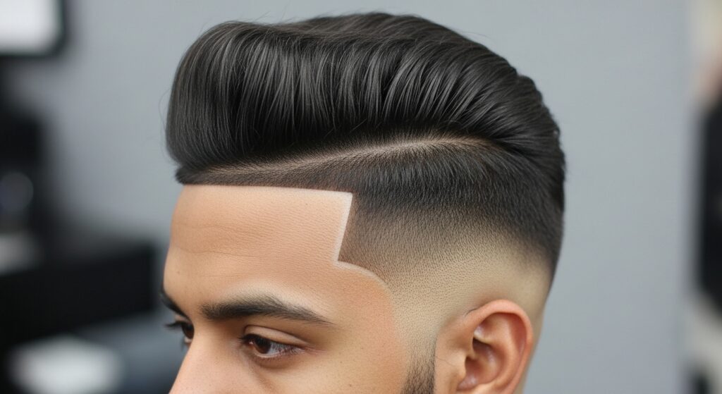front view of low taper haircut with styled hair
