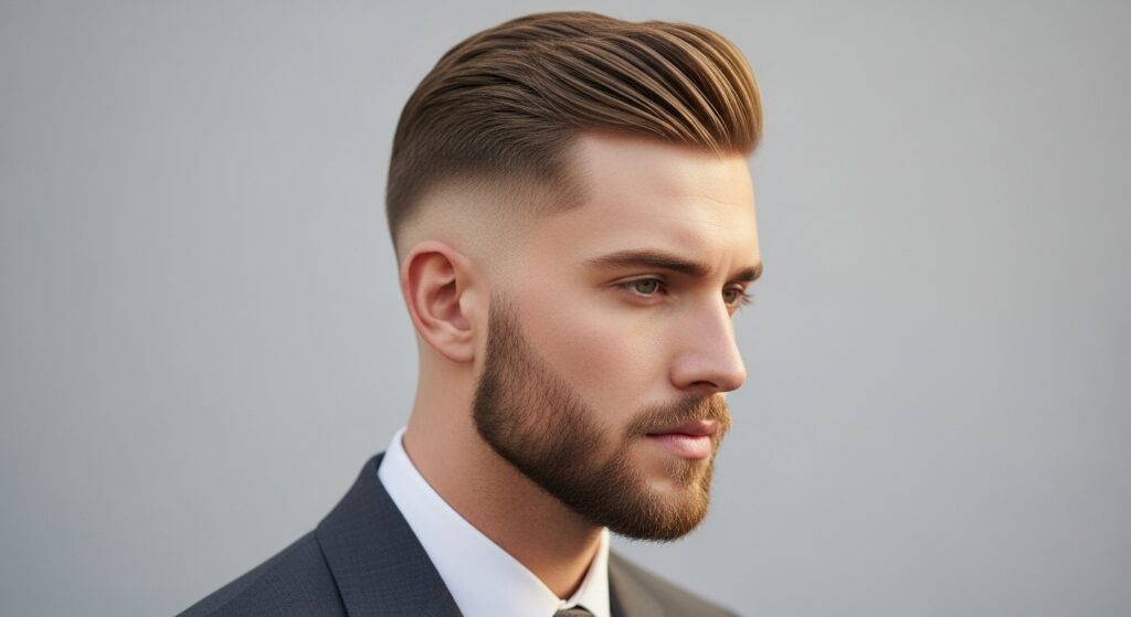 Neatly styled men’s side part haircut with fade
