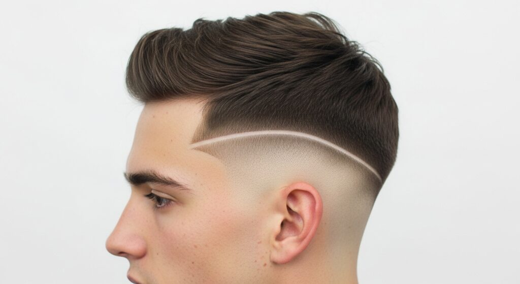 burst fade around ear blending into low taper haircut