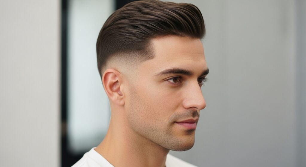 Man showing off a clean mid taper fade haircut from the side