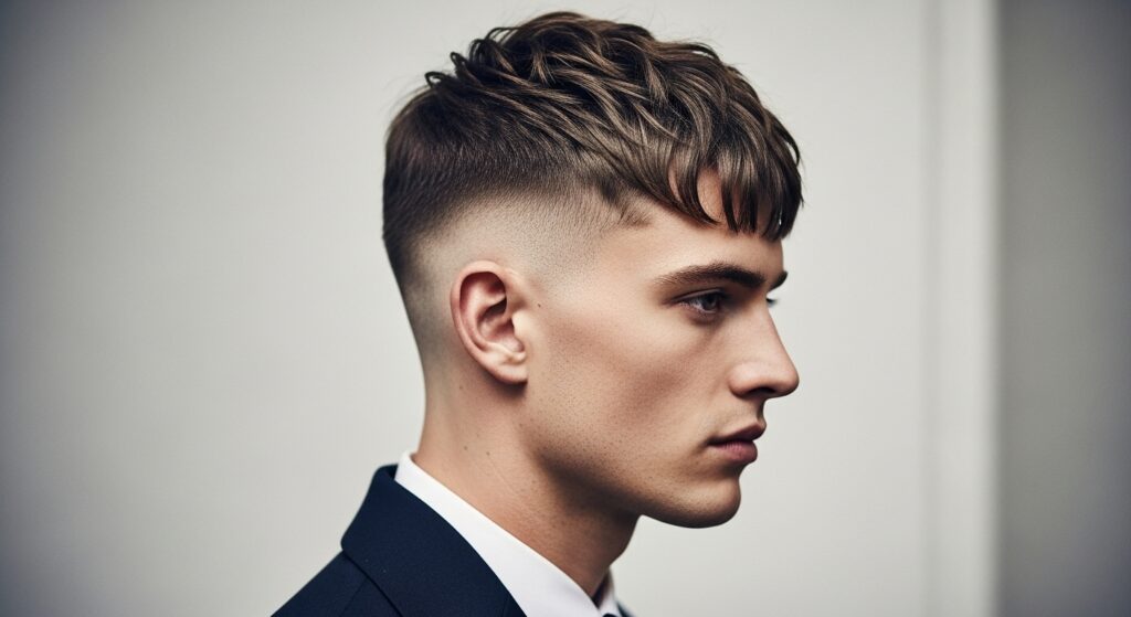 Side view of man showing a short french crop haircut with textured fringe.