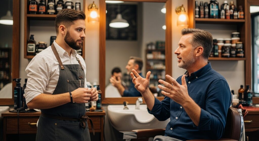 Man talking with barber about haircut ideas