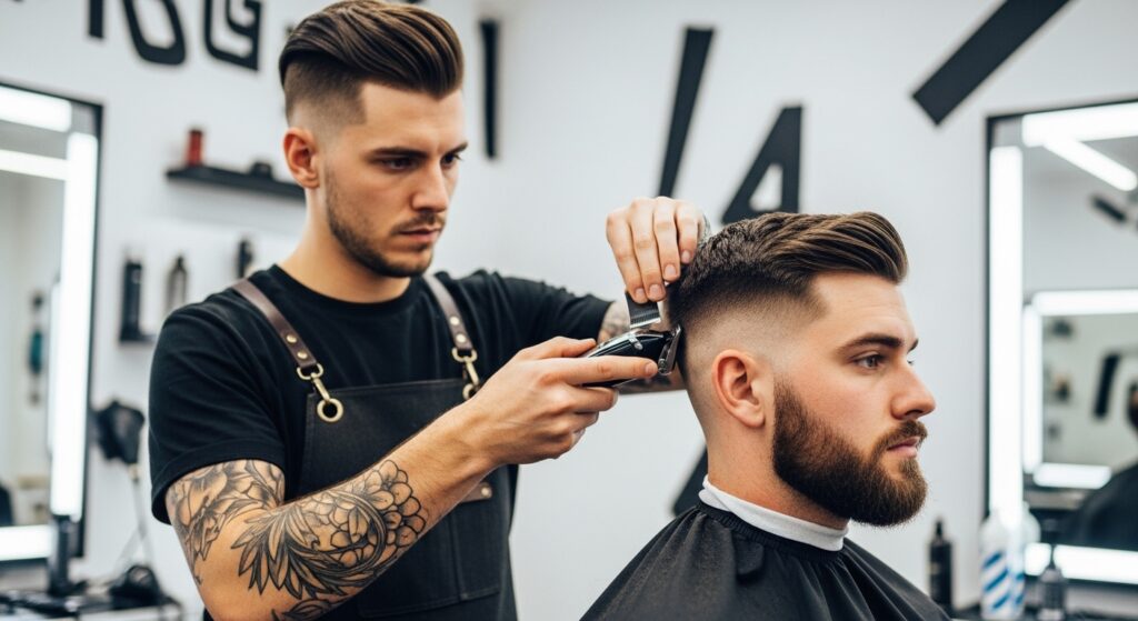 barber trimming neckline on low taper haircut