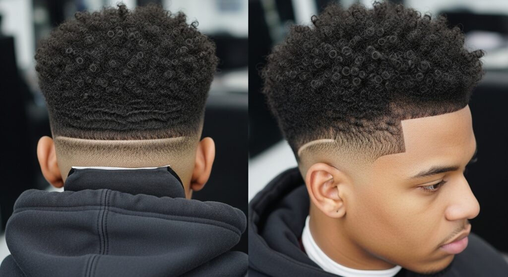 Person with fresh blowout low taper fade curly haircut in street-style outfit