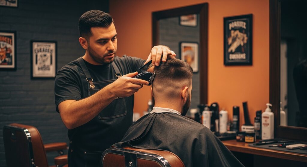 Barber shaping a fade haircut with clippers