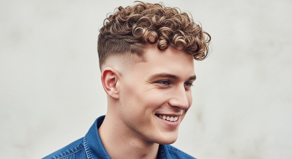 Curly-haired man showing off a low fade haircut that complements natural curls