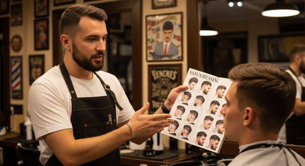 Barber explaining haircut style to client before starting.