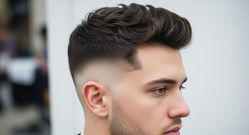Side profile of burst fade haircut showing fade blending into longer hair on top