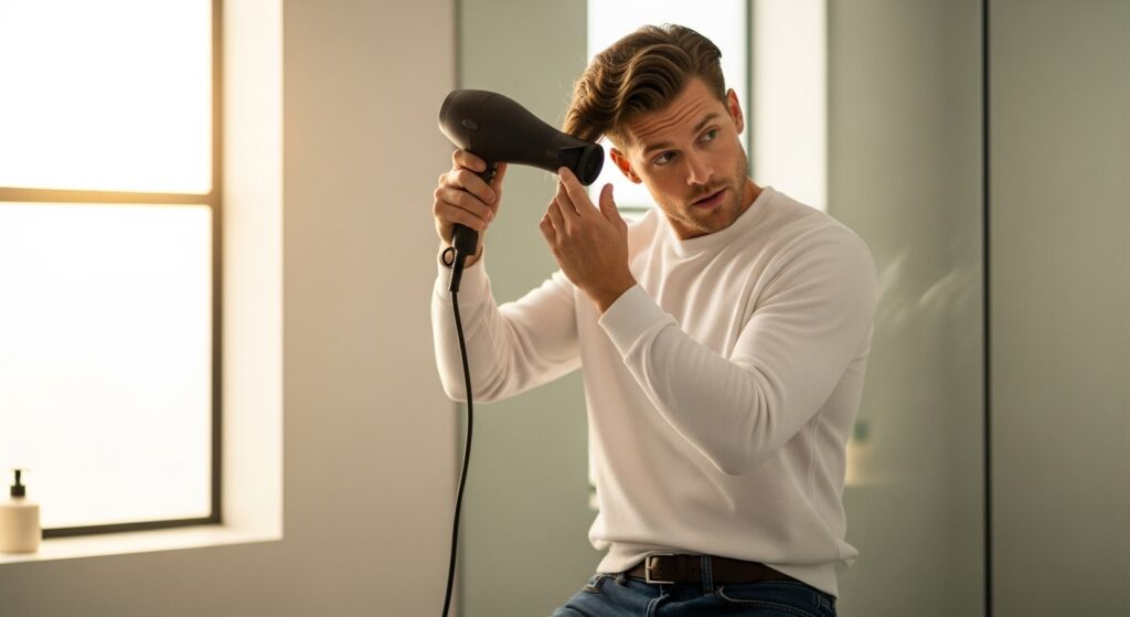 Man using a blow dryer to style his hair with volume