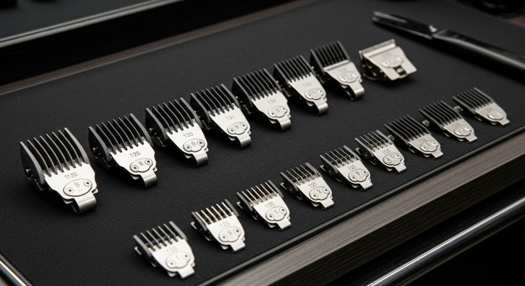 Different clipper guards used for taper fades lined up on a barber's workstation
