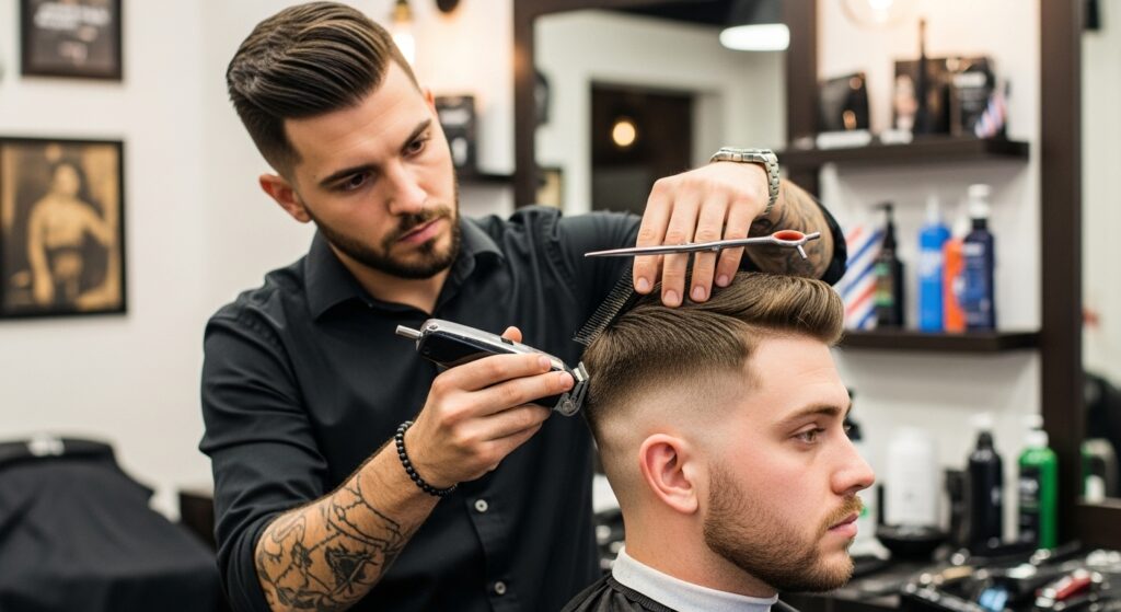 Barber carefully blending hair for a low fade haircut