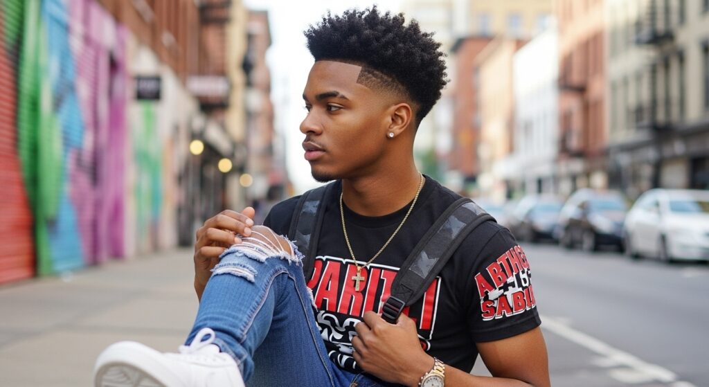 Person with fresh blowout low taper fade curly haircut in street-style outfit