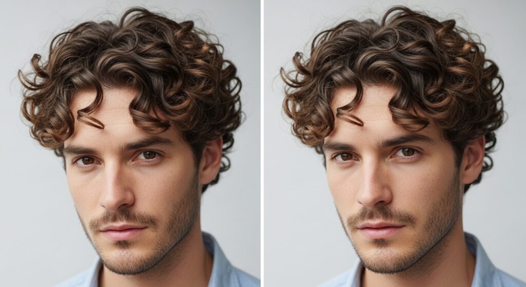 Curls styled with blowout low taper fade in natural sunlight