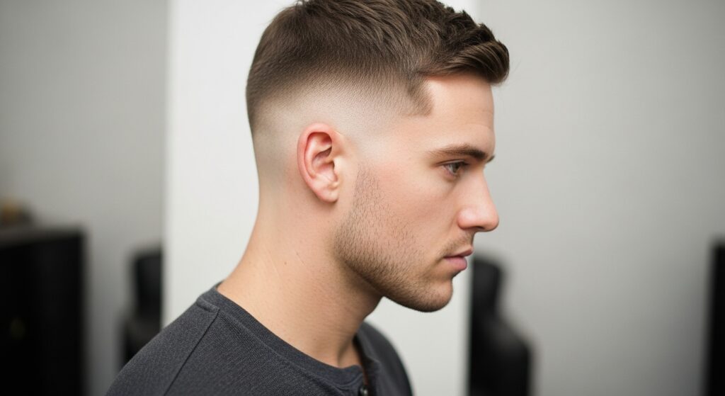 side view of low taper haircut starting near ear)