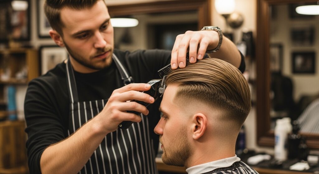 Barber using clippers to create a mid taper fade haircut
