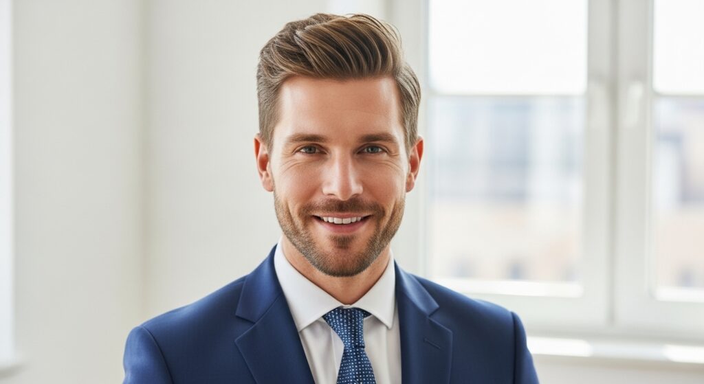 Clean, textured hairstyle for men in professional outfit