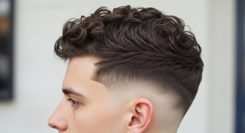 Side view of taper fade on curly hair showing smooth blending