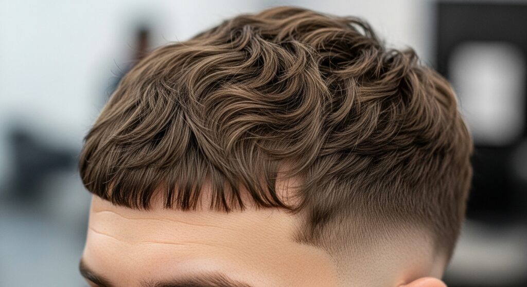 Close-up image showing textured bangs of a french crop haircut.