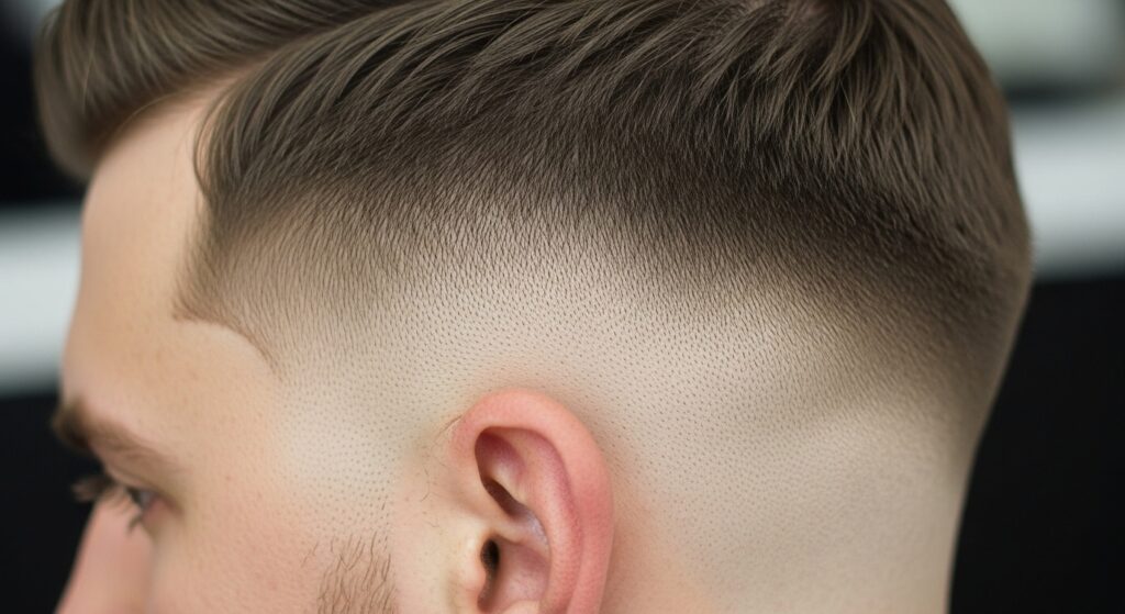 Close-up shot showing the smooth blend of a low fade haircut near the ear