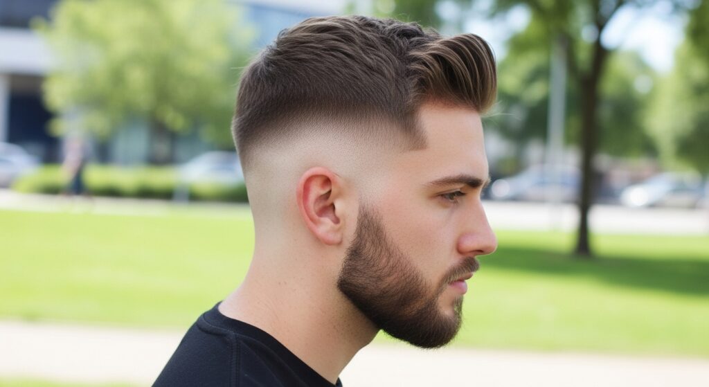 Hair product container next to styled hair on a table