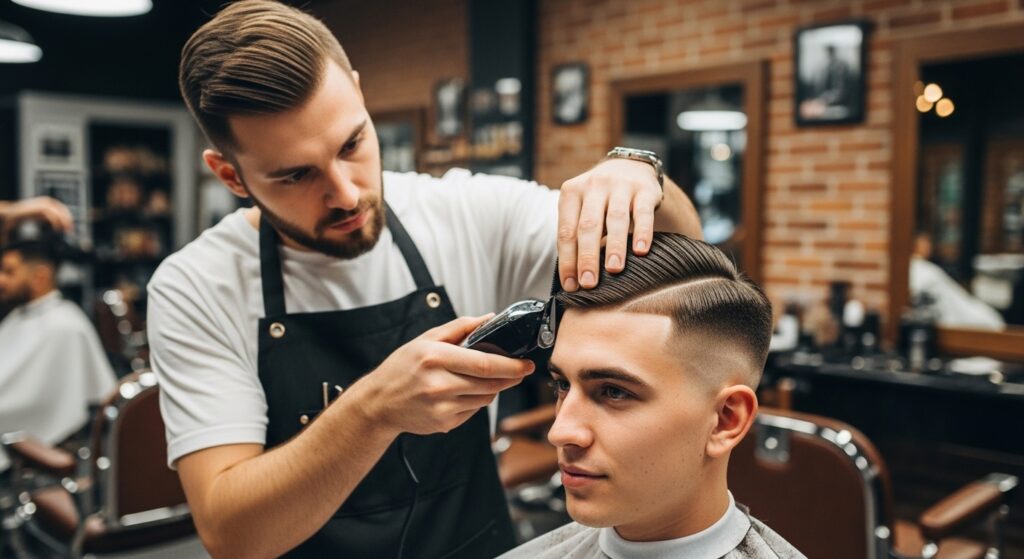 Man styling taper fade haircut using pomade for texture and hold