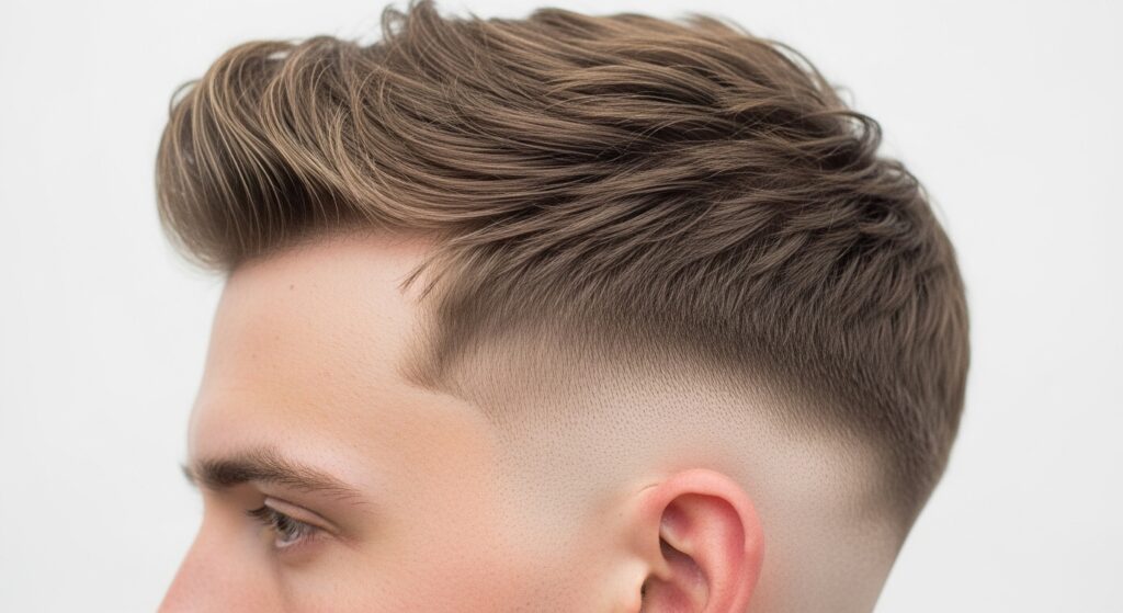 Close-up of burst fade haircut showing fade wrapping around the ear in a semi-circle