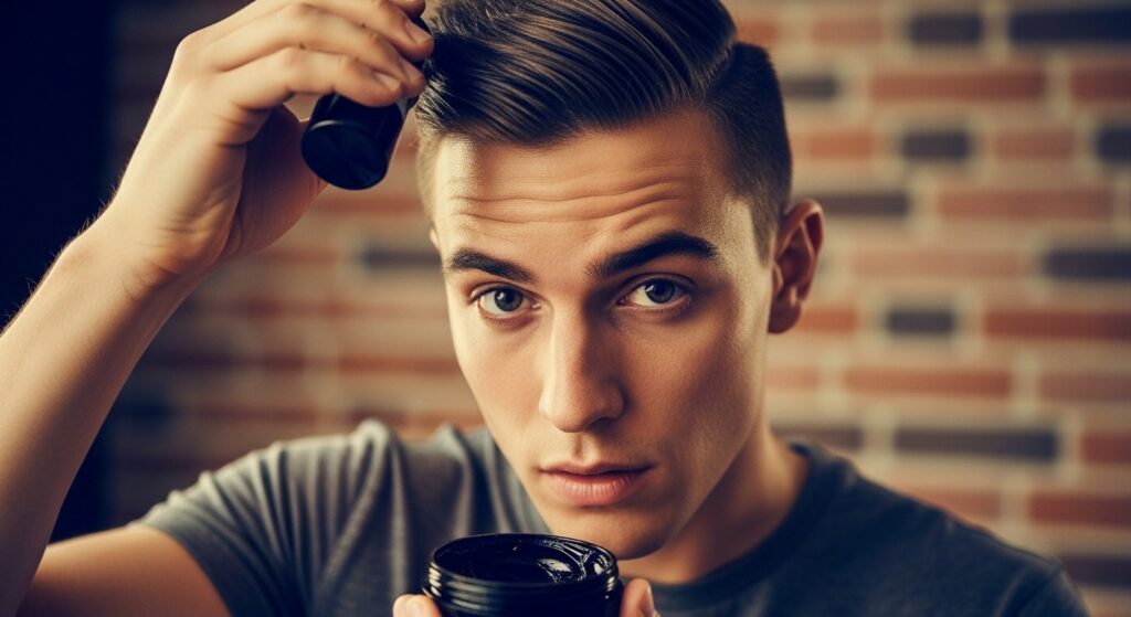 man styling hair with pomade after low taper haircut