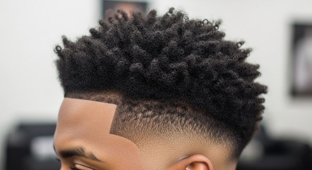 Close-up of a mid taper fade haircut on curly hair