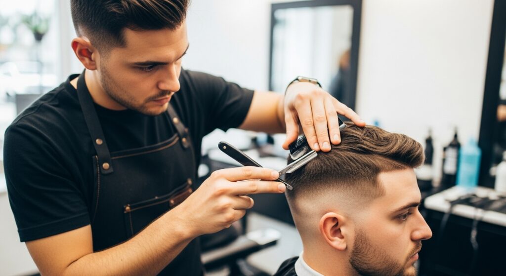 Barber using a razor to create a sharp line-up on a fade haircut