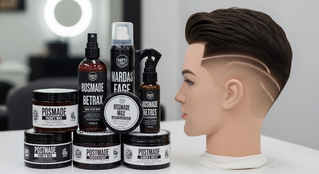 Hair styling products next to freshly cut burst fade haircut on barber chair