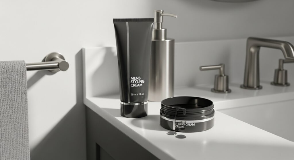 Styling cream for men’s hair on bathroom counter