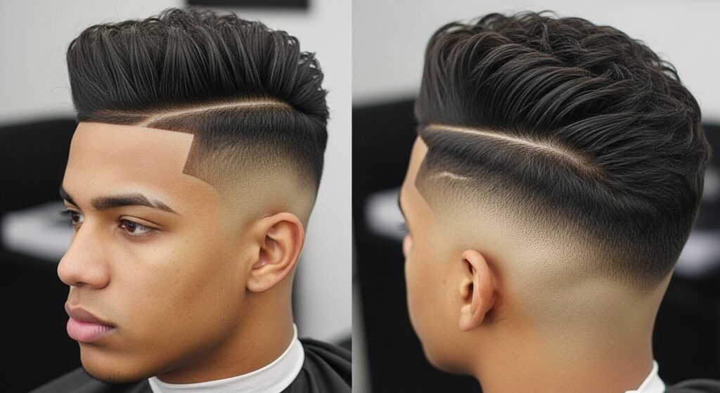 Low skin fade haircut featuring a sharp hard part design