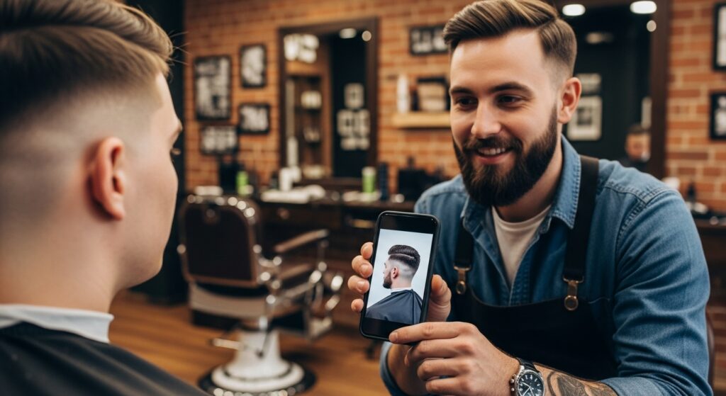 Client showing barber a burst fade photo on phone for haircut reference