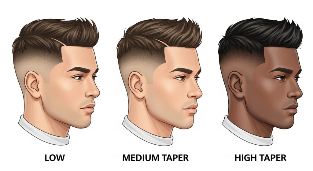 comparison photo of low, medium, and high taper haircuts