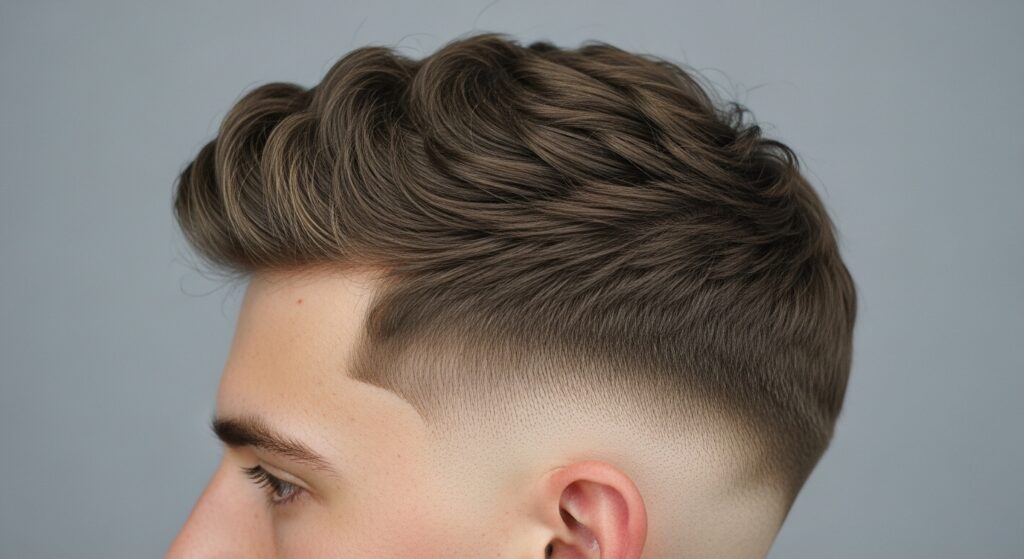 Side profile of textured hair paired with a mid taper fade haircut