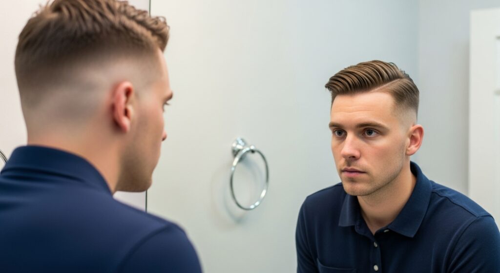 Man looking at his low fade haircut in the mirror
