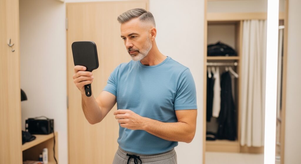 Man inspecting his fade haircut in a mirror