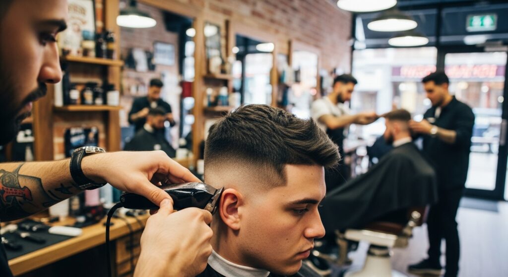 Barber cutting a burst fade around the ear with clippers