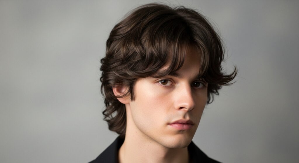 Medium haircut with curtain bangs and loose waves