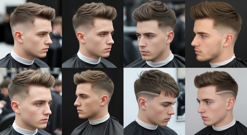 Different french crop haircuts showing varied lengths and fades.