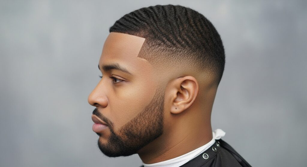 Side view of a man with a low fade haircut paired with a short, trimmed beard