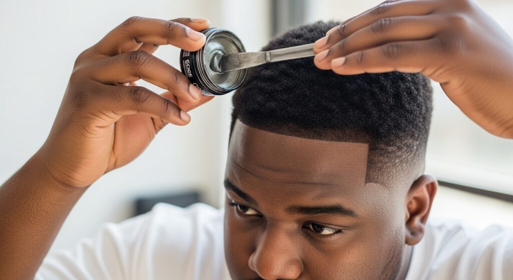 Hands applying pomade to hair with a mid taper fade haircut