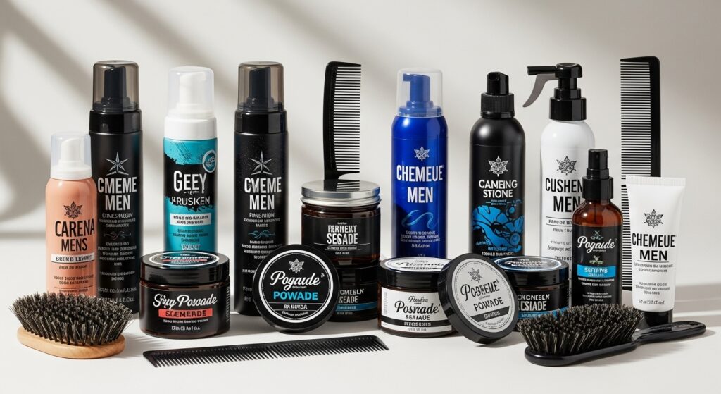 Various hair styling products including mousse and pomade