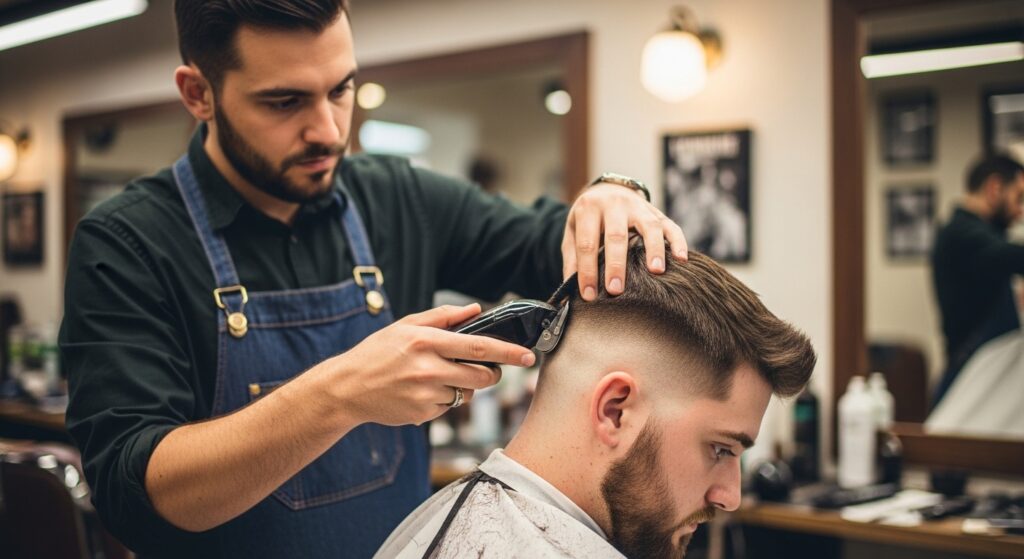 Barber using clippers to blend hair during taper fade haircut