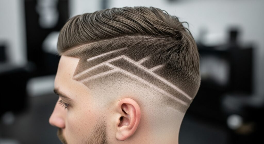 low taper haircut with design shaved into side