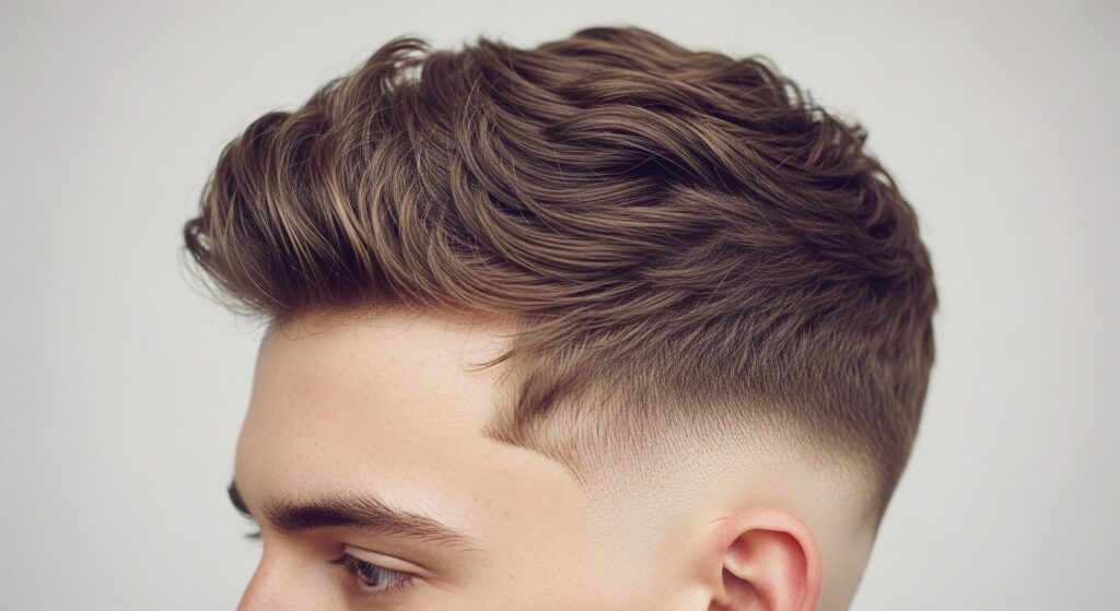 Close-up of textured hair on top with a fade taper on the sides