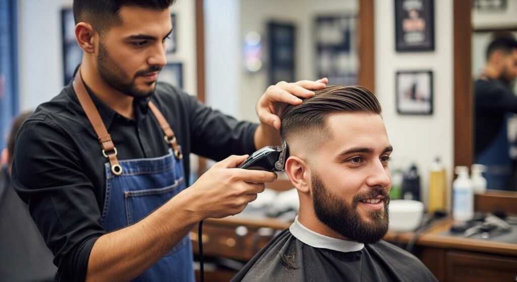Barber trimming short sides on a client’s french crop haircut.