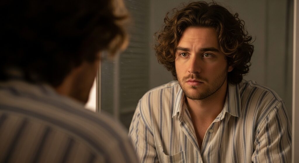 Man with curly hair looking thoughtful in mirror.