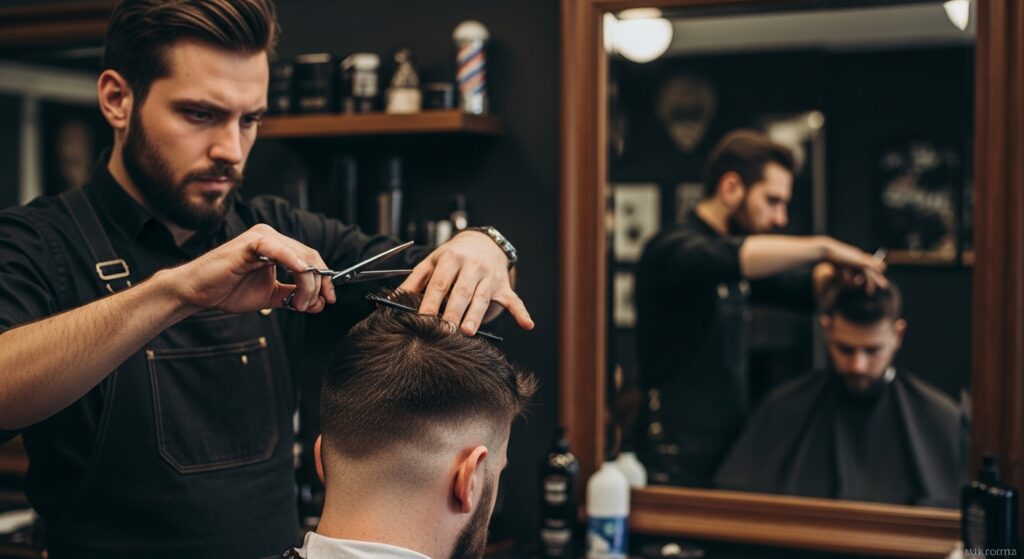 Barber using scissors to add texture to hair on top